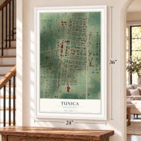 Tunica, Mississippi map, 24 x 36 inch print in a white frame by a staircase