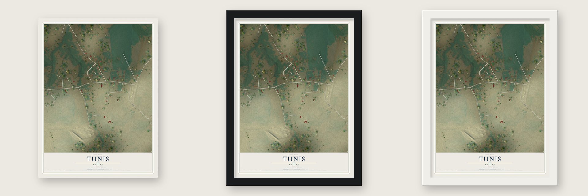 Tunis, Texas map unframed, in a black wood frame and in a white wood frame