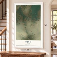 Tunis, Texas map, 24 x 36 inch print in a white frame by a staircase