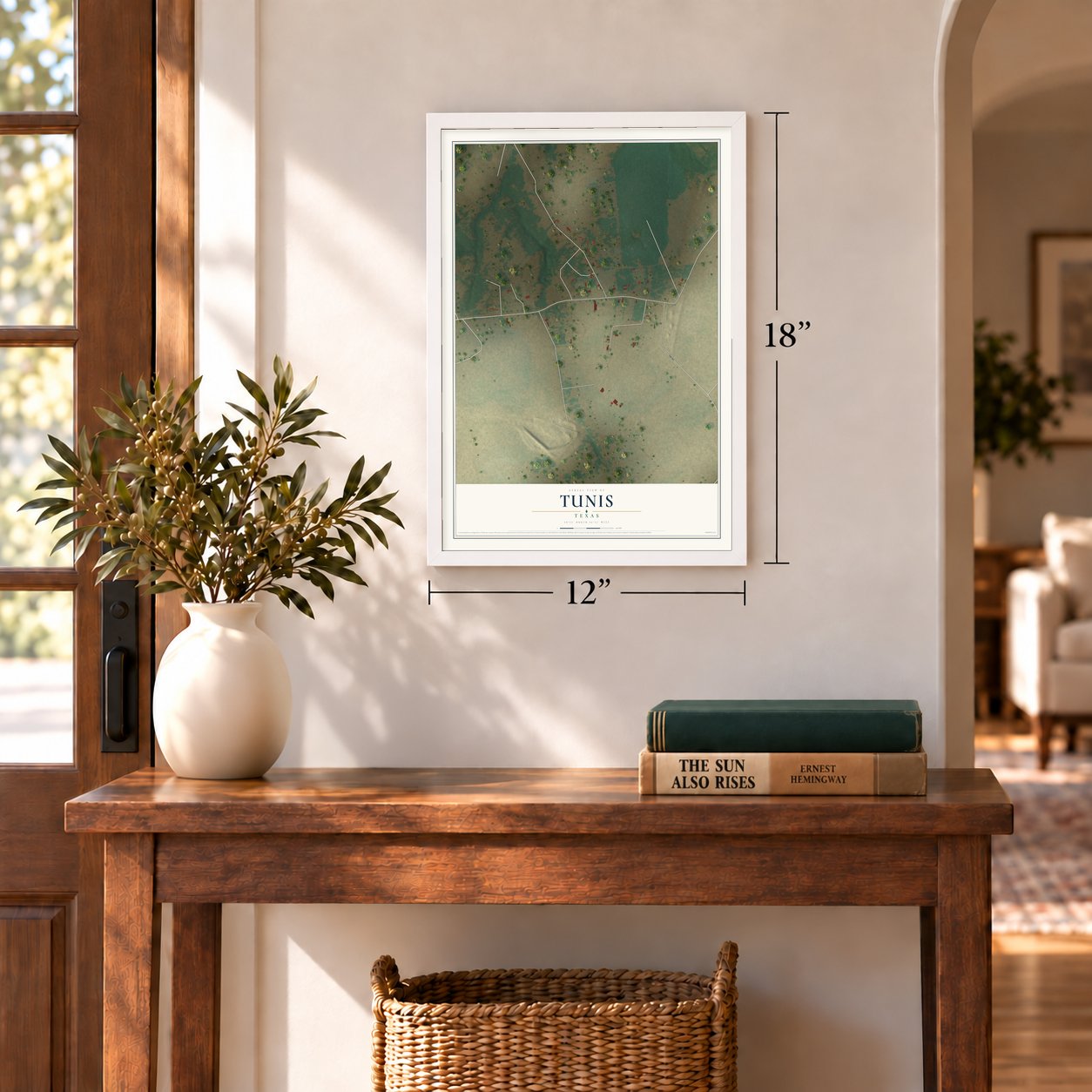 Tunis, Texas map, 12 x 18 inch print in a white frame in an entryway