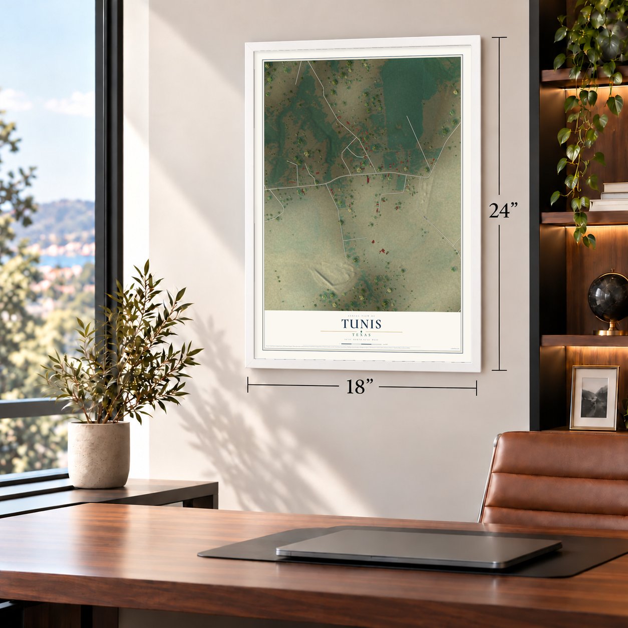 Tunis, Texas map, 18 x 24 inch print in a white frame in a home office
