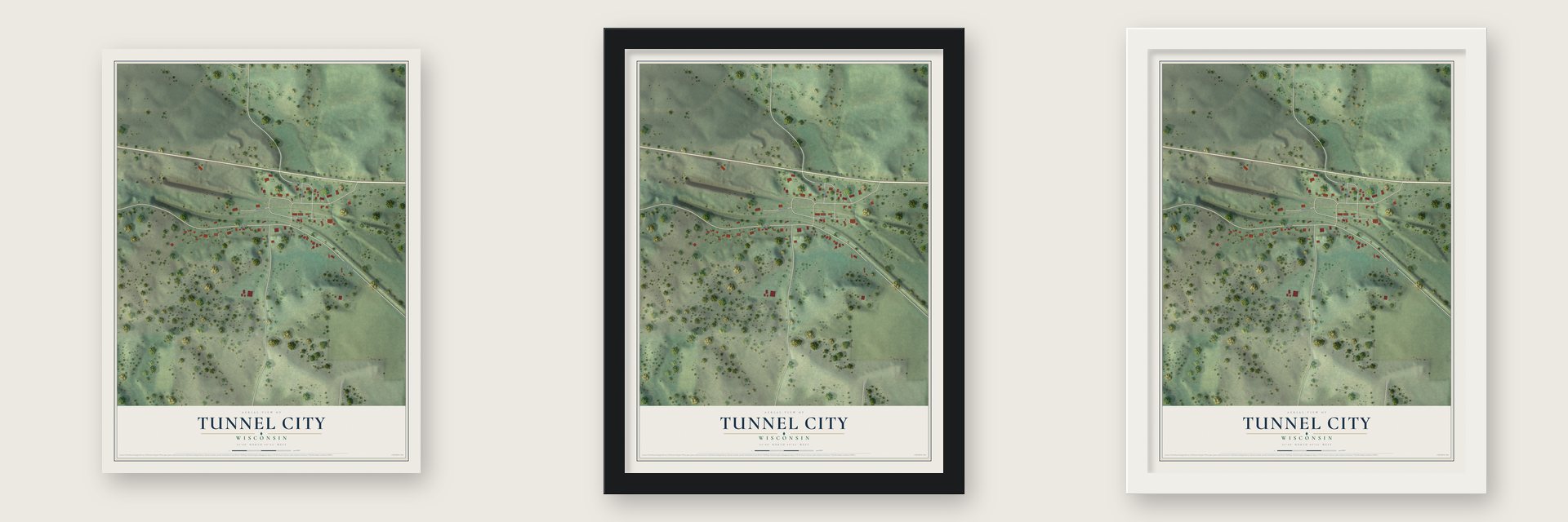 Tunnel City, Wisconsin map unframed, in a black wood frame and in a white wood frame
