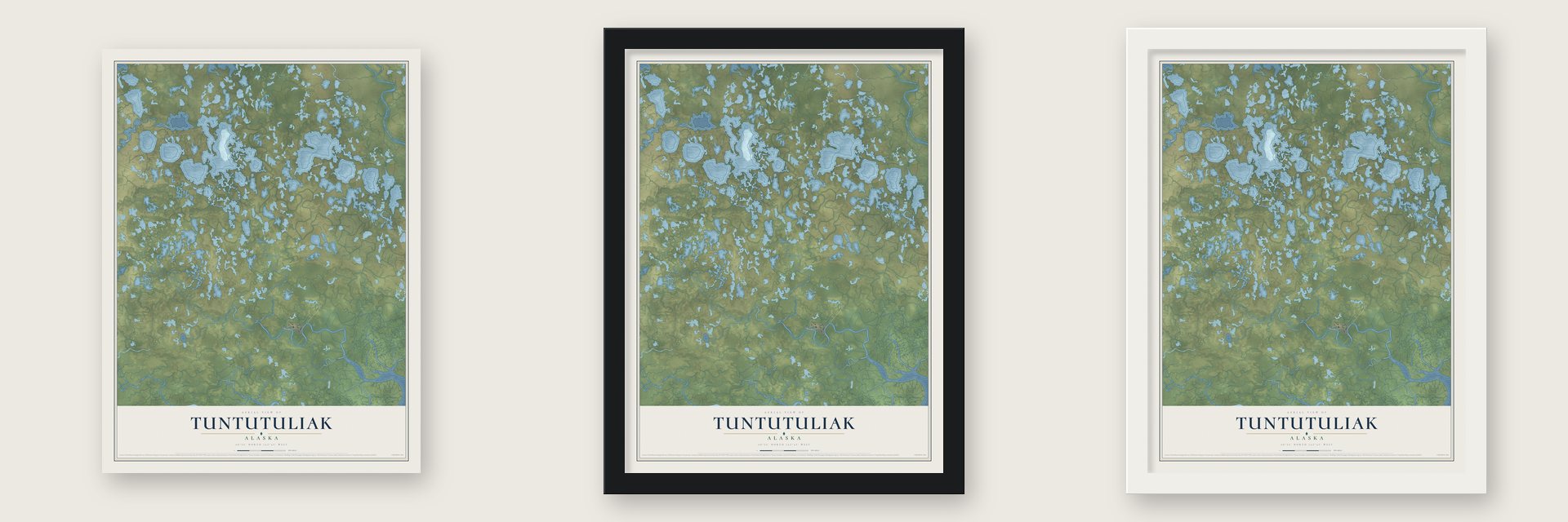 Tuntutuliak, Alaska map unframed, in a black wood frame and in a white wood frame