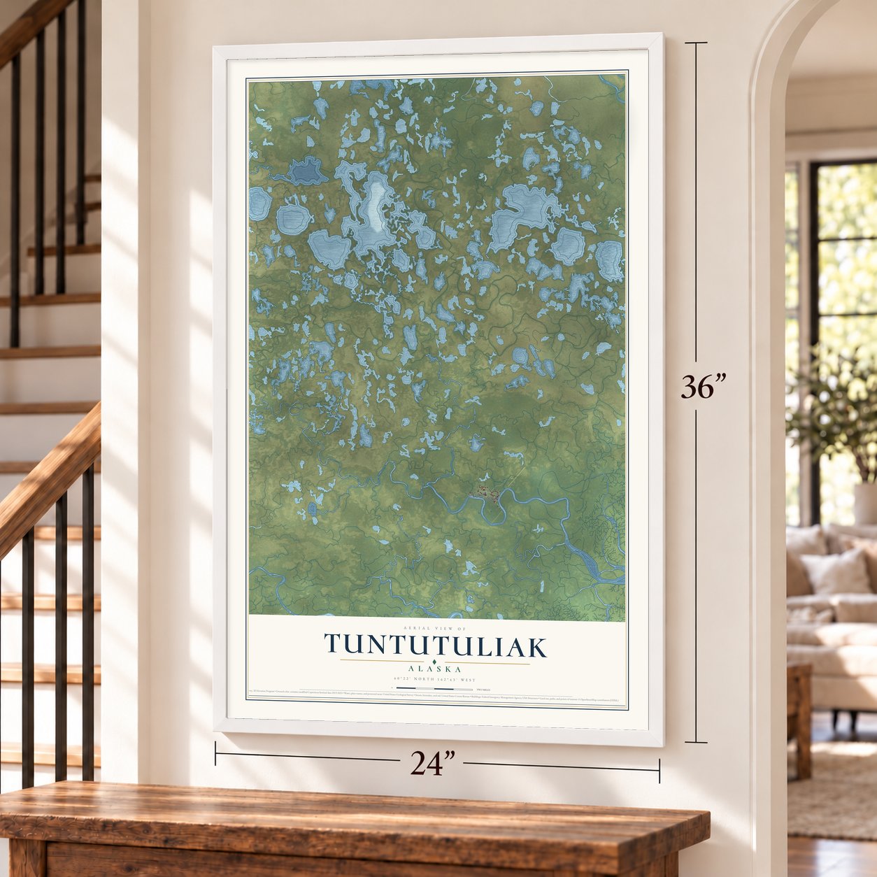 Tuntutuliak, Alaska map, 24 x 36 inch print in a white frame by a staircase