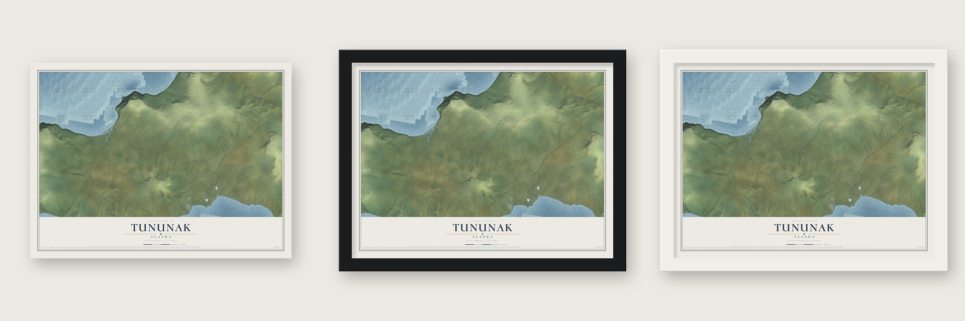 Tununak, Alaska map unframed, in a black wood frame and in a white wood frame