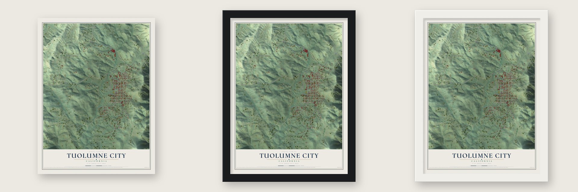 Tuolumne City, California map unframed, in a black wood frame and in a white wood frame
