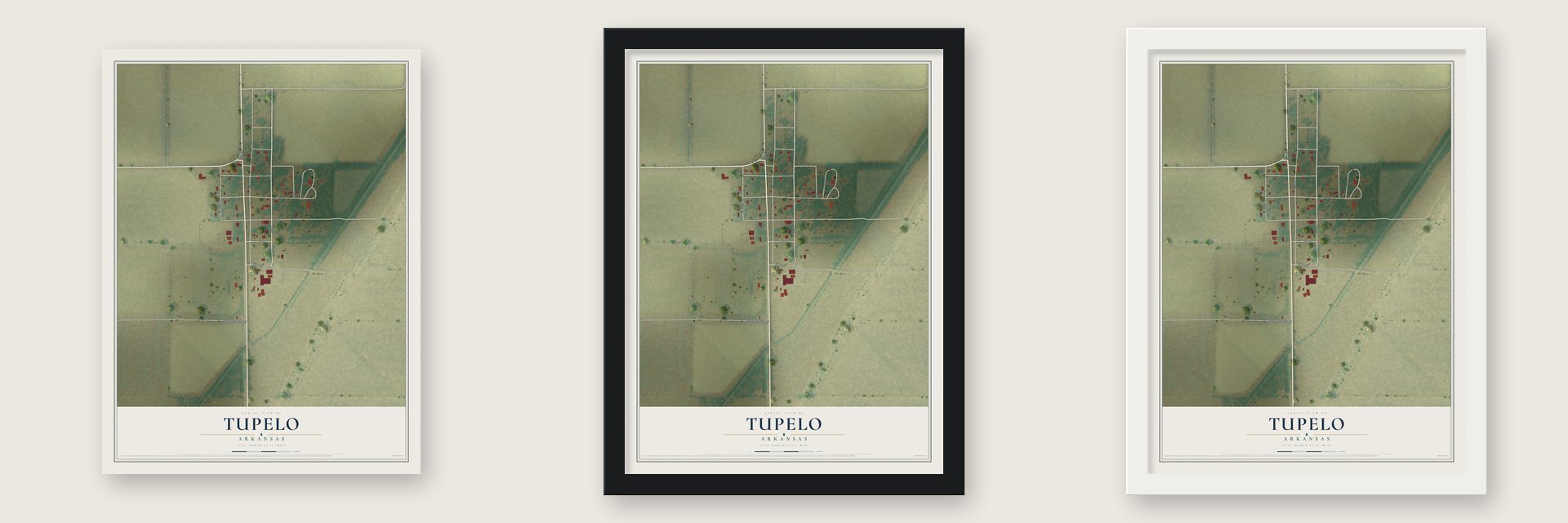 Tupelo, Arkansas map unframed, in a black wood frame and in a white wood frame