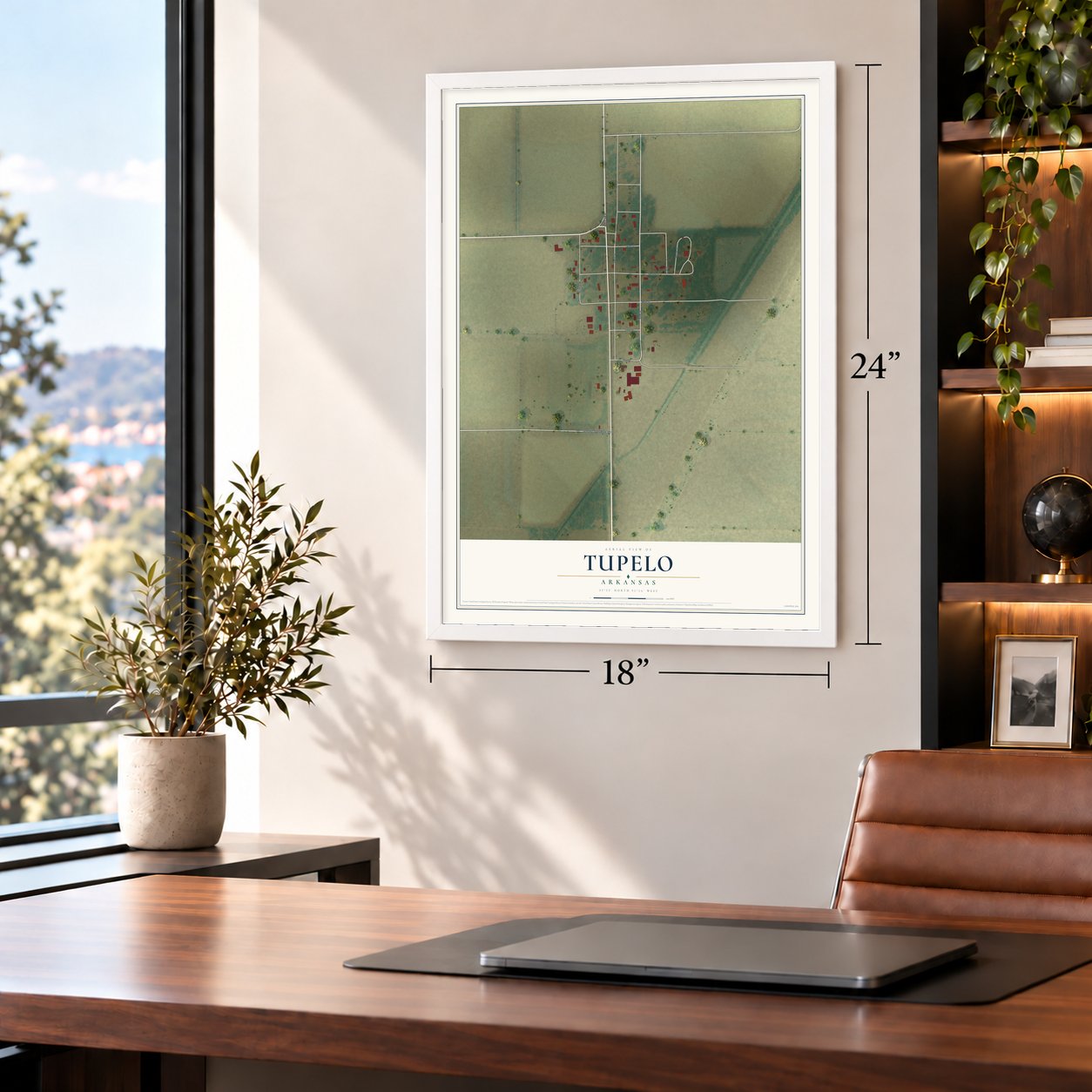 Tupelo, Arkansas map, 18 x 24 inch print in a white frame in a home office