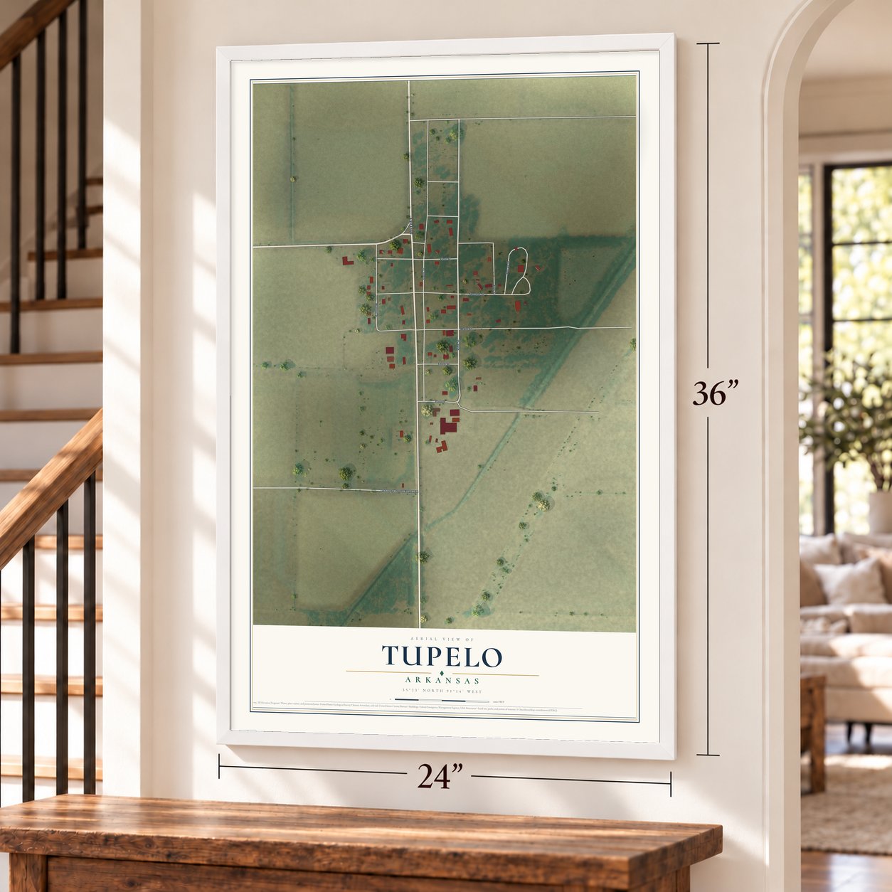 Tupelo, Arkansas map, 24 x 36 inch print in a white frame by a staircase
