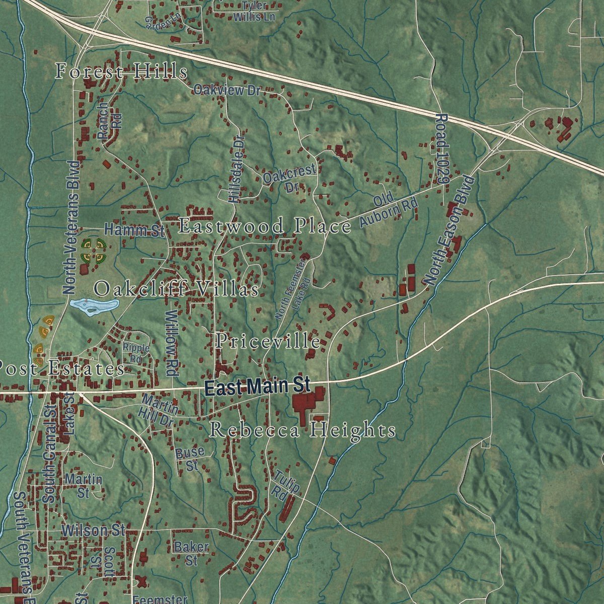 Second close-up of the map of Tupelo, Mississippi print showing more streets and buildings
