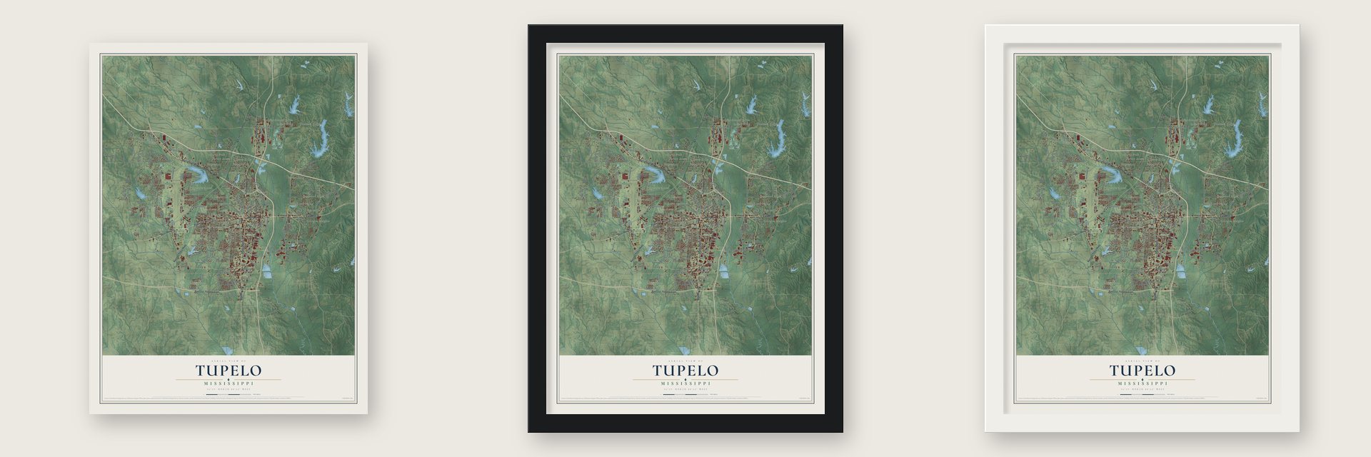 Tupelo, Mississippi map unframed, in a black wood frame and in a white wood frame