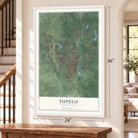 Tupelo, Mississippi map, 24 x 36 inch print in a white frame by a staircase