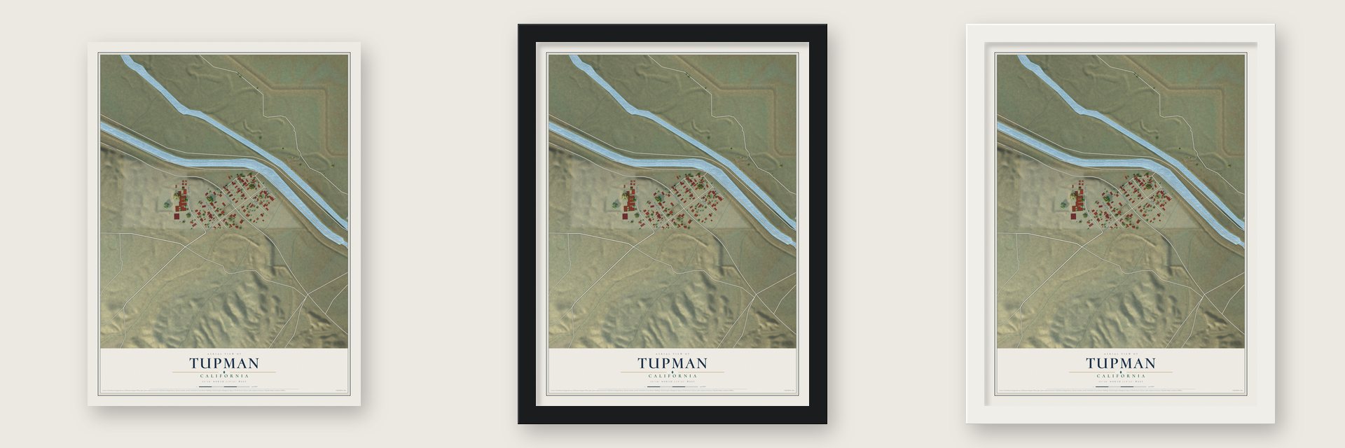 Tupman, California map unframed, in a black wood frame and in a white wood frame