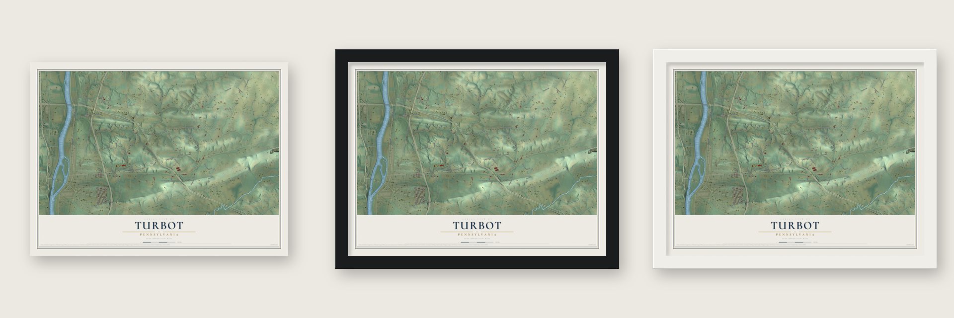 Turbot, Pennsylvania map unframed, in a black wood frame and in a white wood frame