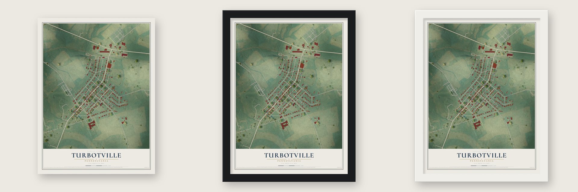 Turbotville, Pennsylvania map unframed, in a black wood frame and in a white wood frame