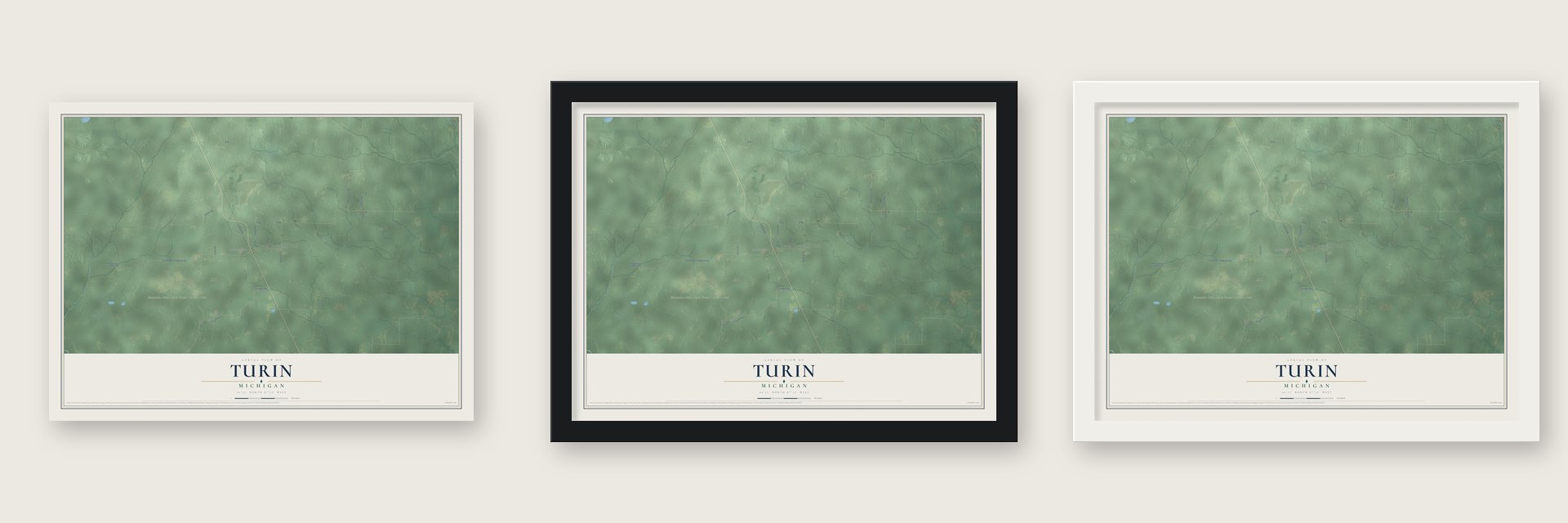 Turin, Michigan map unframed, in a black wood frame and in a white wood frame