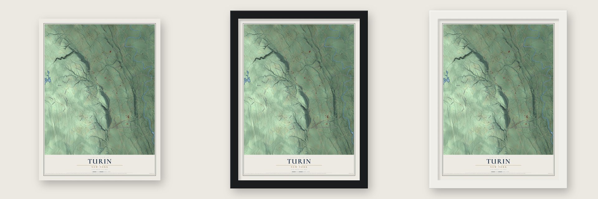 Turin, New York map unframed, in a black wood frame and in a white wood frame