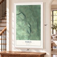 Turin, New York map, 24 x 36 inch print in a white frame by a staircase