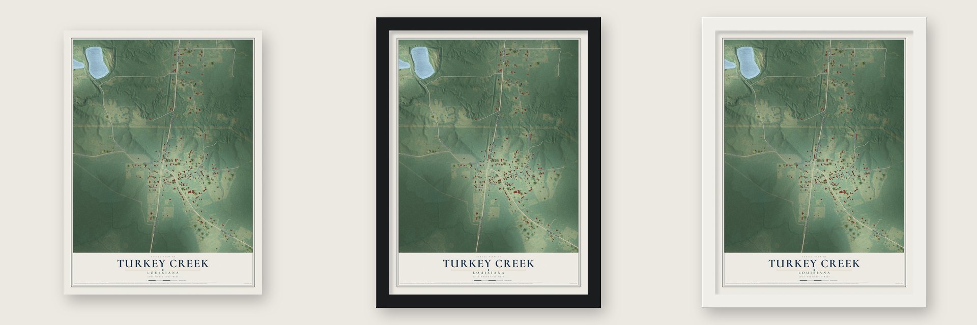 Turkey Creek, Louisiana map unframed, in a black wood frame and in a white wood frame