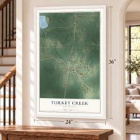 Turkey Creek, Louisiana map, 24 x 36 inch print in a white frame by a staircase