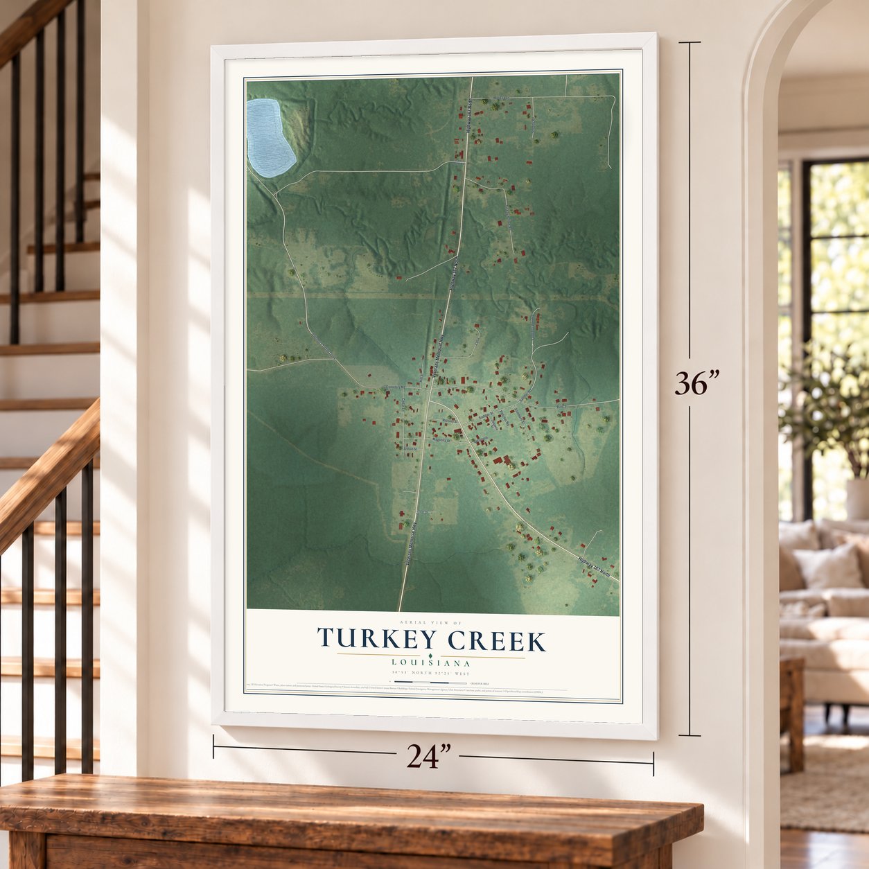 Turkey Creek, Louisiana map, 24 x 36 inch print in a white frame by a staircase