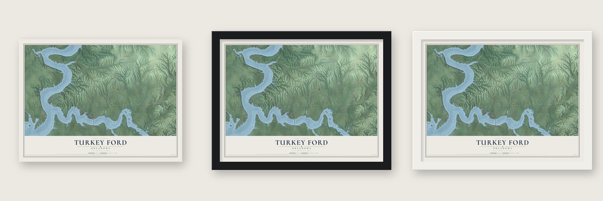 Turkey Ford, Oklahoma map unframed, in a black wood frame and in a white wood frame