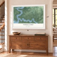 Turkey Ford, Oklahoma map, 24 x 36 inch print in a white frame above a dresser by a staircase