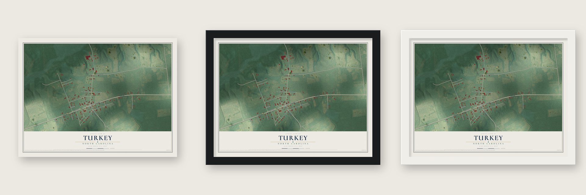 Turkey, North Carolina map unframed, in a black wood frame and in a white wood frame