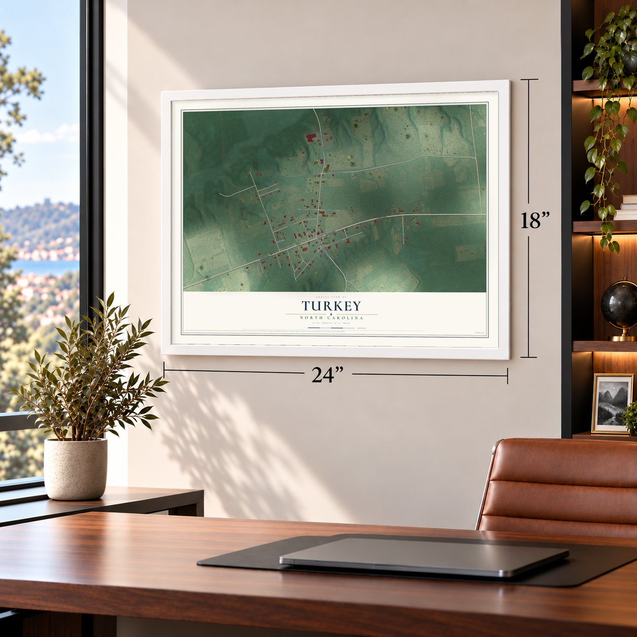 Turkey, North Carolina map, 18 x 24 inch print in a white frame in a home office