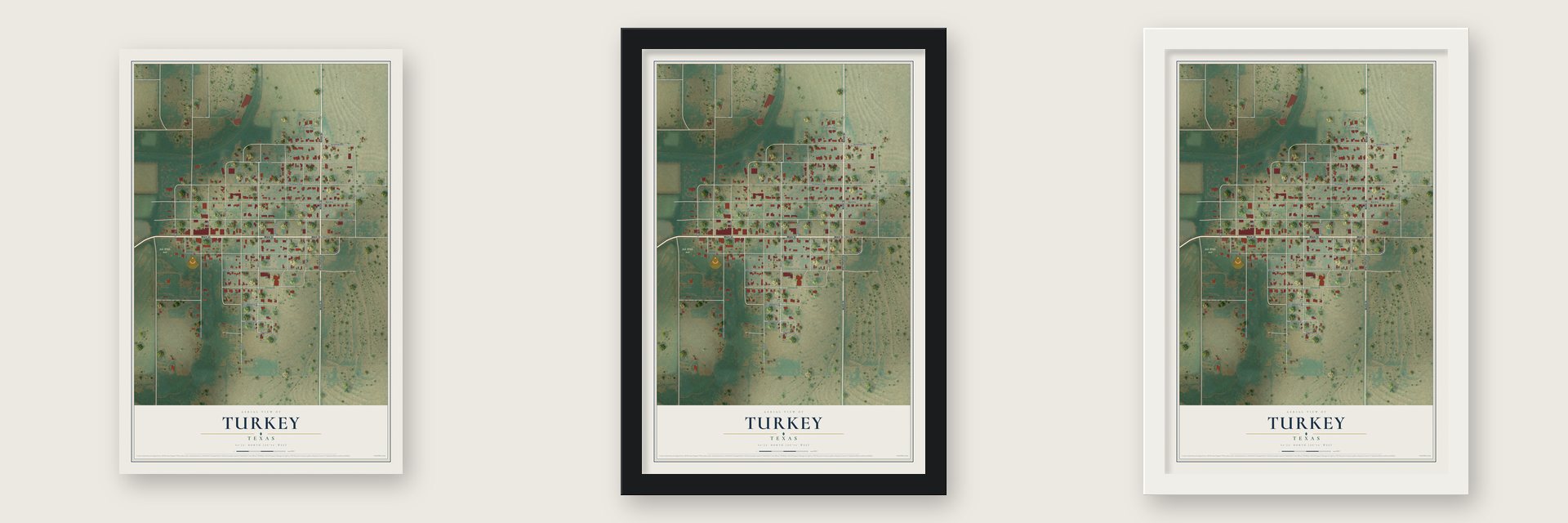 Turkey, Texas map unframed, in a black wood frame and in a white wood frame