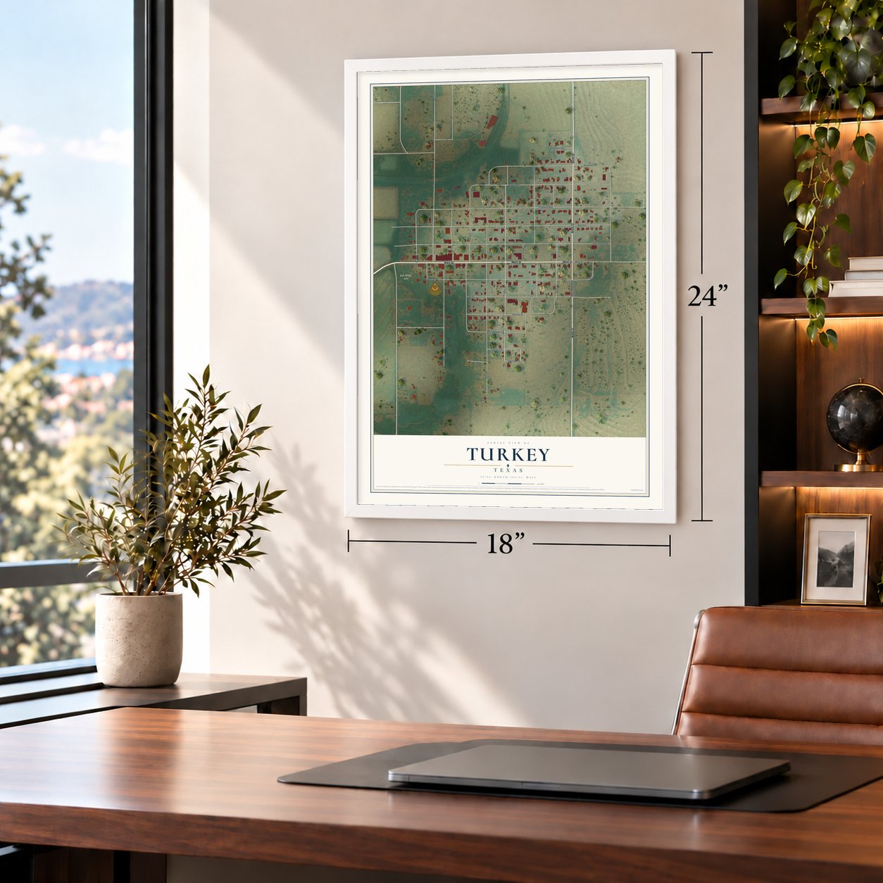 Turkey, Texas map, 18 x 24 inch print in a white frame in a home office