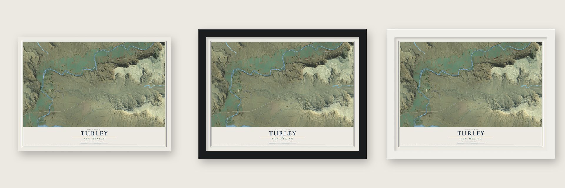 Turley, New Mexico map unframed, in a black wood frame and in a white wood frame