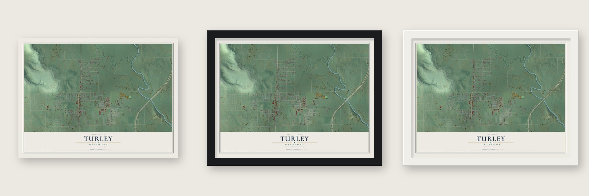 Turley, Oklahoma map unframed, in a black wood frame and in a white wood frame