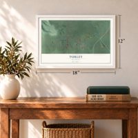 Turley, Oklahoma map, 12 x 18 inch print in a white frame in an entryway