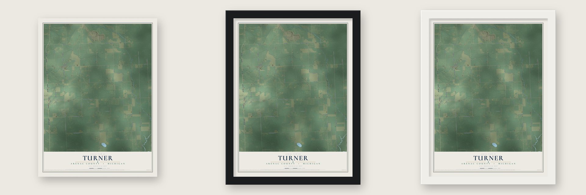 Turner, Arenac County, Michigan map unframed, in a black wood frame and in a white wood frame