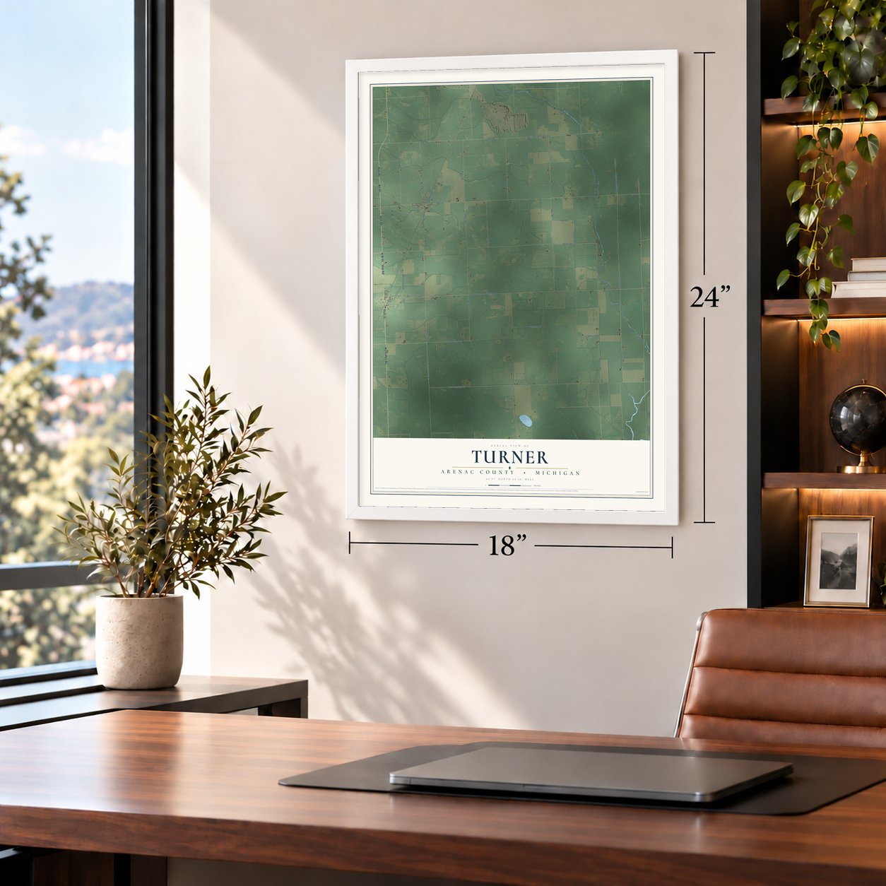 Turner, Arenac County, Michigan map, 18 x 24 inch print in a white frame in a home office