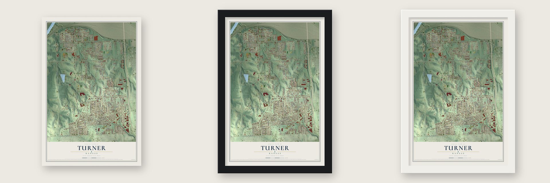 Turner, Kansas map unframed, in a black wood frame and in a white wood frame