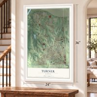 Turner, Kansas map, 24 x 36 inch print in a white frame by a staircase