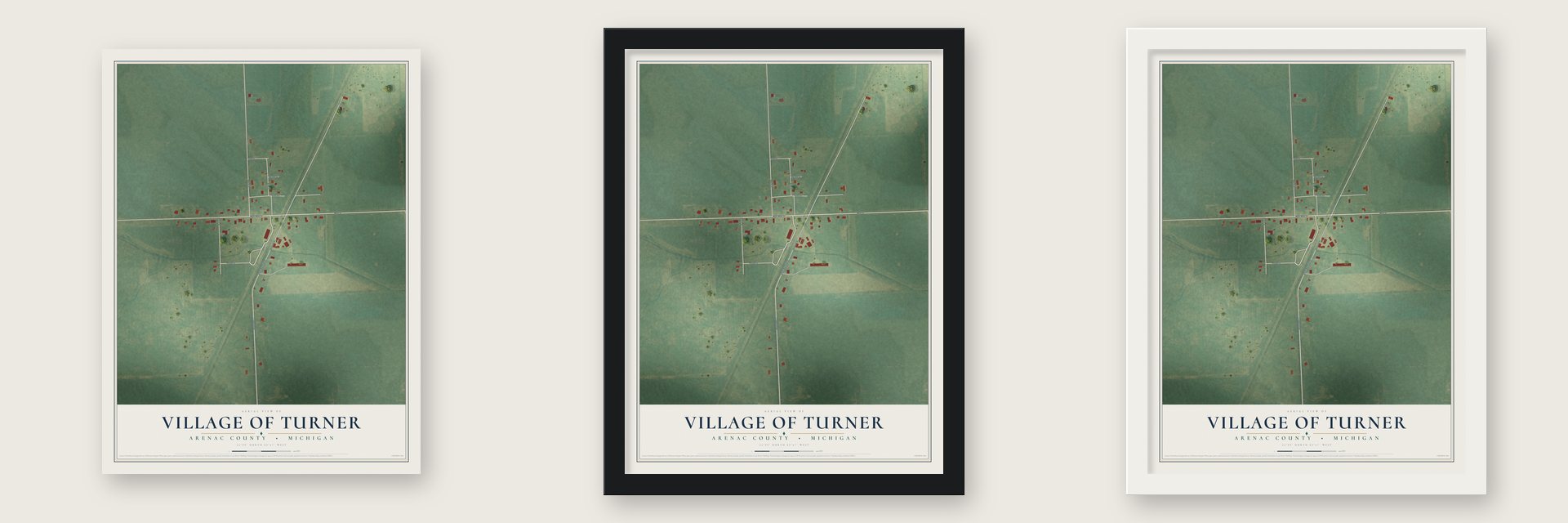 Turner, Michigan map unframed, in a black wood frame and in a white wood frame