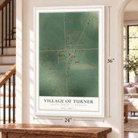 Turner, Michigan map, 24 x 36 inch print in a white frame by a staircase