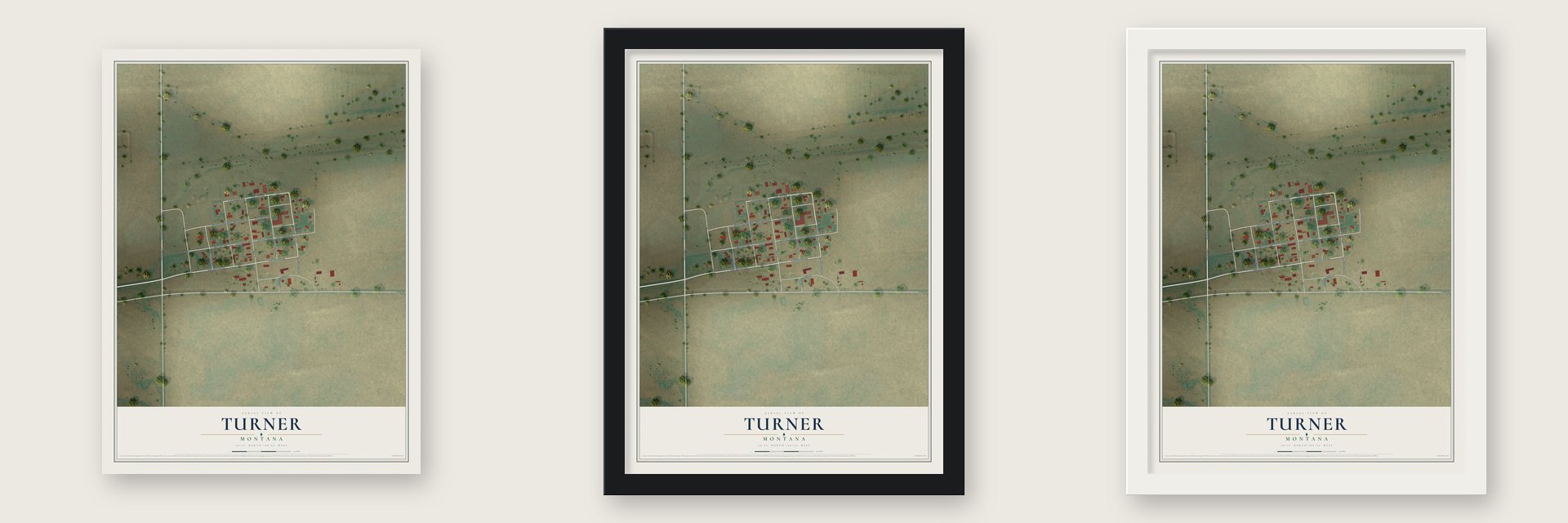 Turner, Montana map unframed, in a black wood frame and in a white wood frame