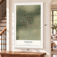 Turner, Montana map, 24 x 36 inch print in a white frame by a staircase