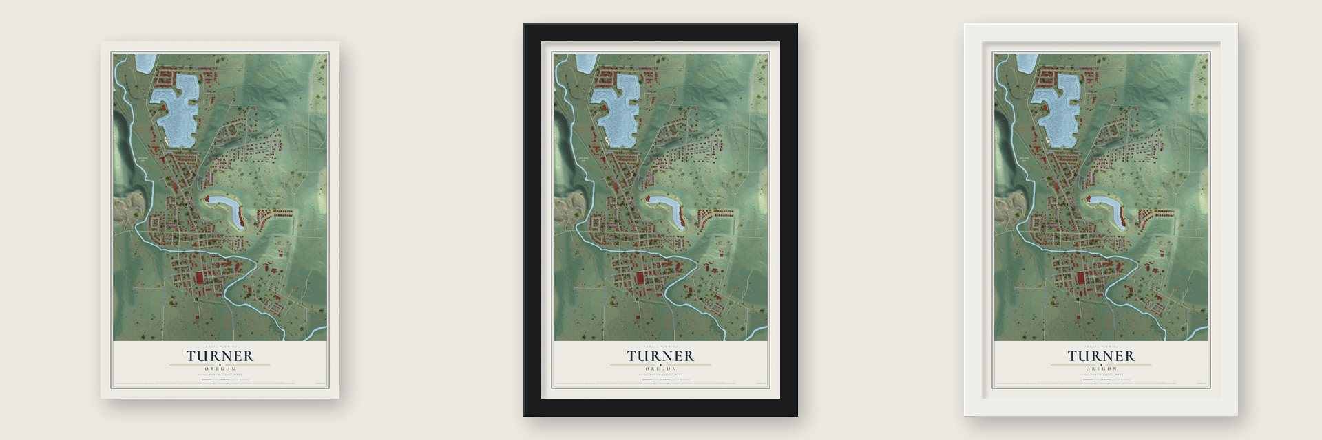 Turner, Oregon map unframed, in a black wood frame and in a white wood frame