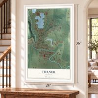 Turner, Oregon map, 24 x 36 inch print in a white frame by a staircase