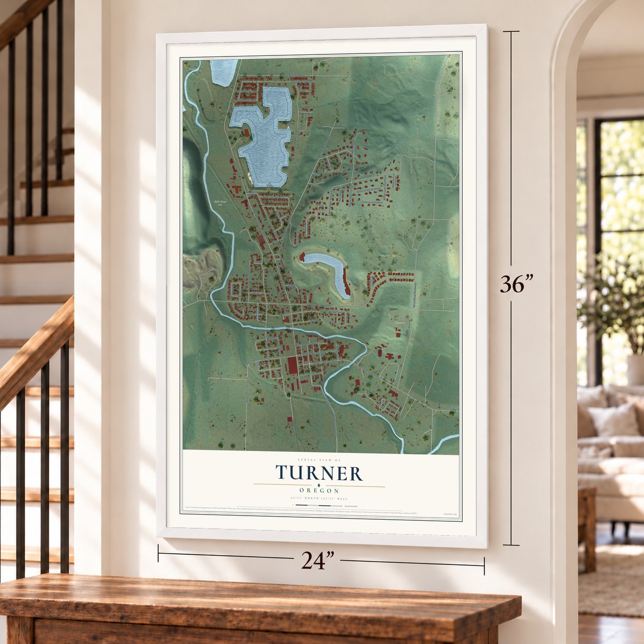 Turner, Oregon map, 24 x 36 inch print in a white frame by a staircase