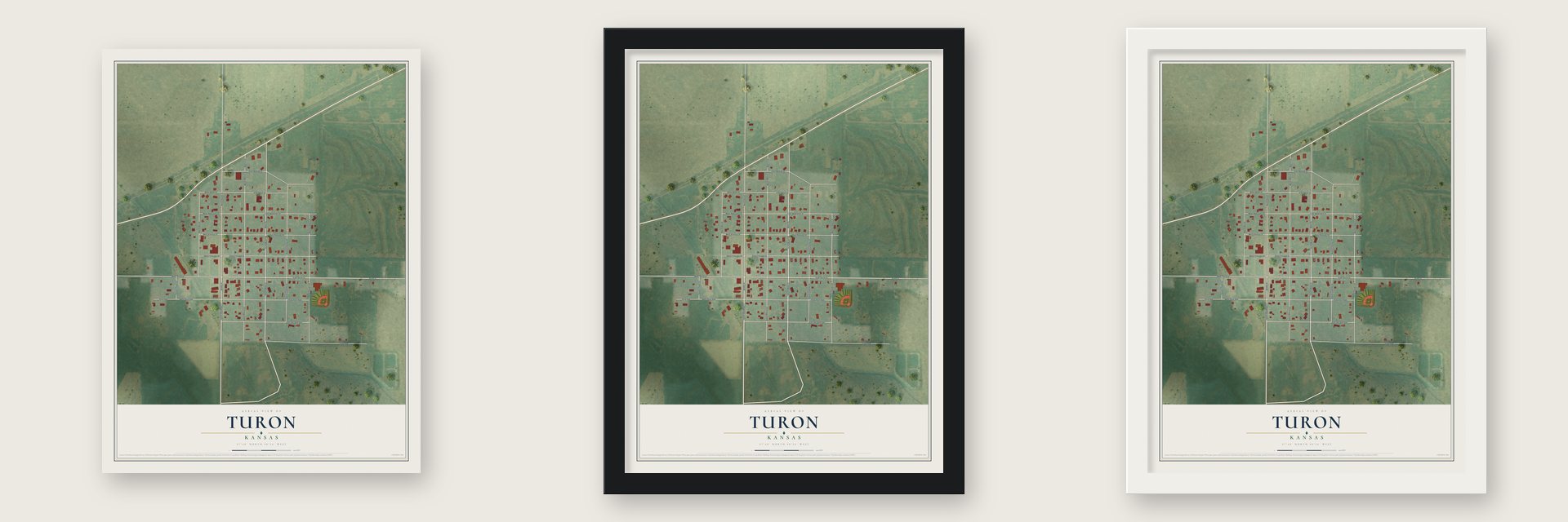 Turon, Kansas map unframed, in a black wood frame and in a white wood frame