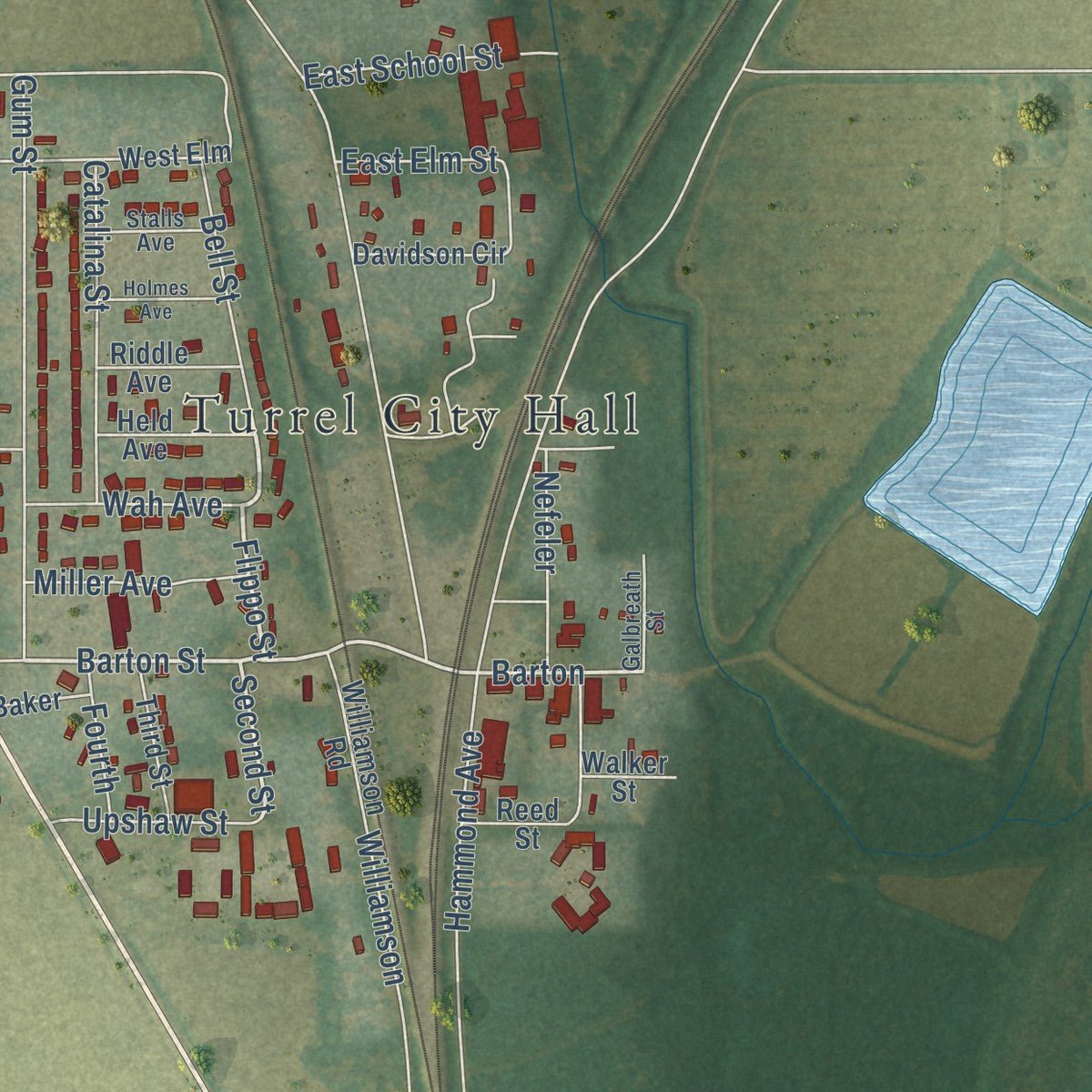 Second close-up of the map of Turrell, Arkansas print showing more streets and buildings