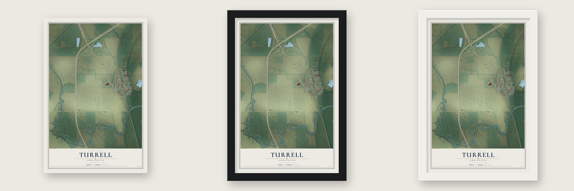 Turrell, Arkansas map unframed, in a black wood frame and in a white wood frame