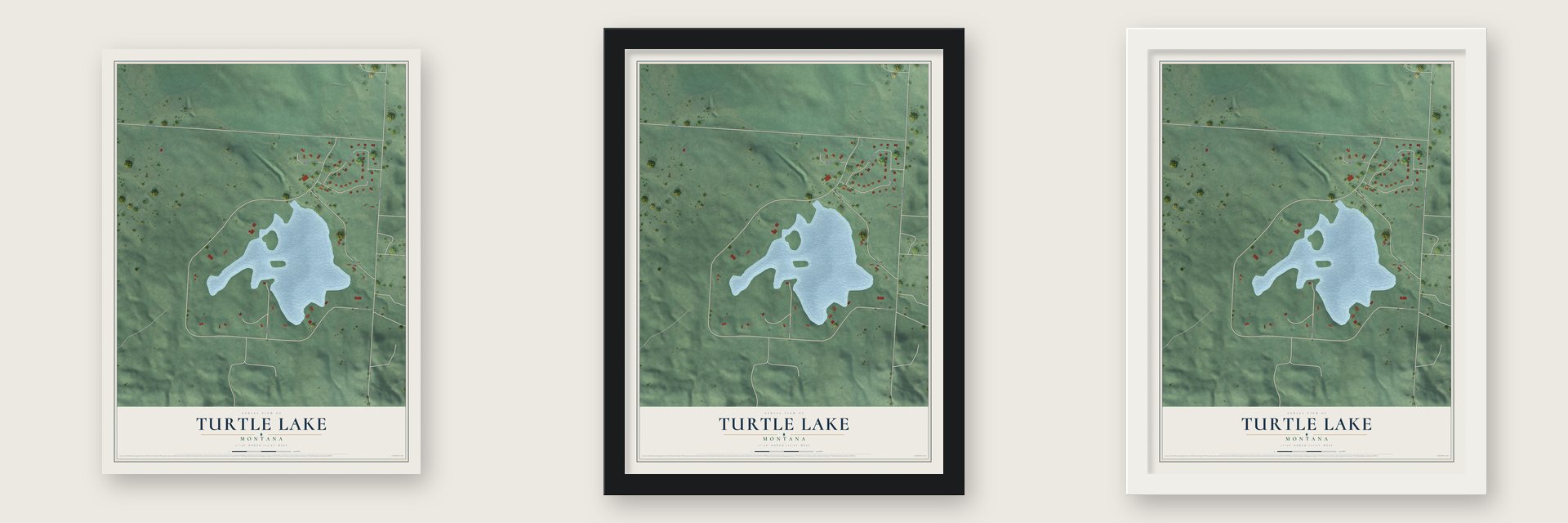 Turtle Lake, Montana map unframed, in a black wood frame and in a white wood frame