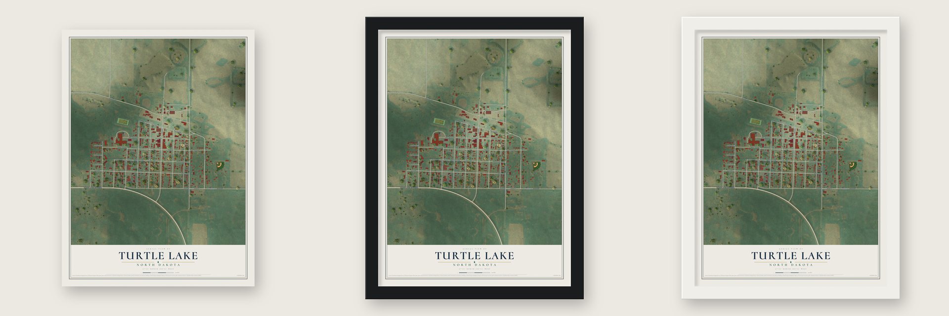 Turtle Lake, North Dakota map unframed, in a black wood frame and in a white wood frame